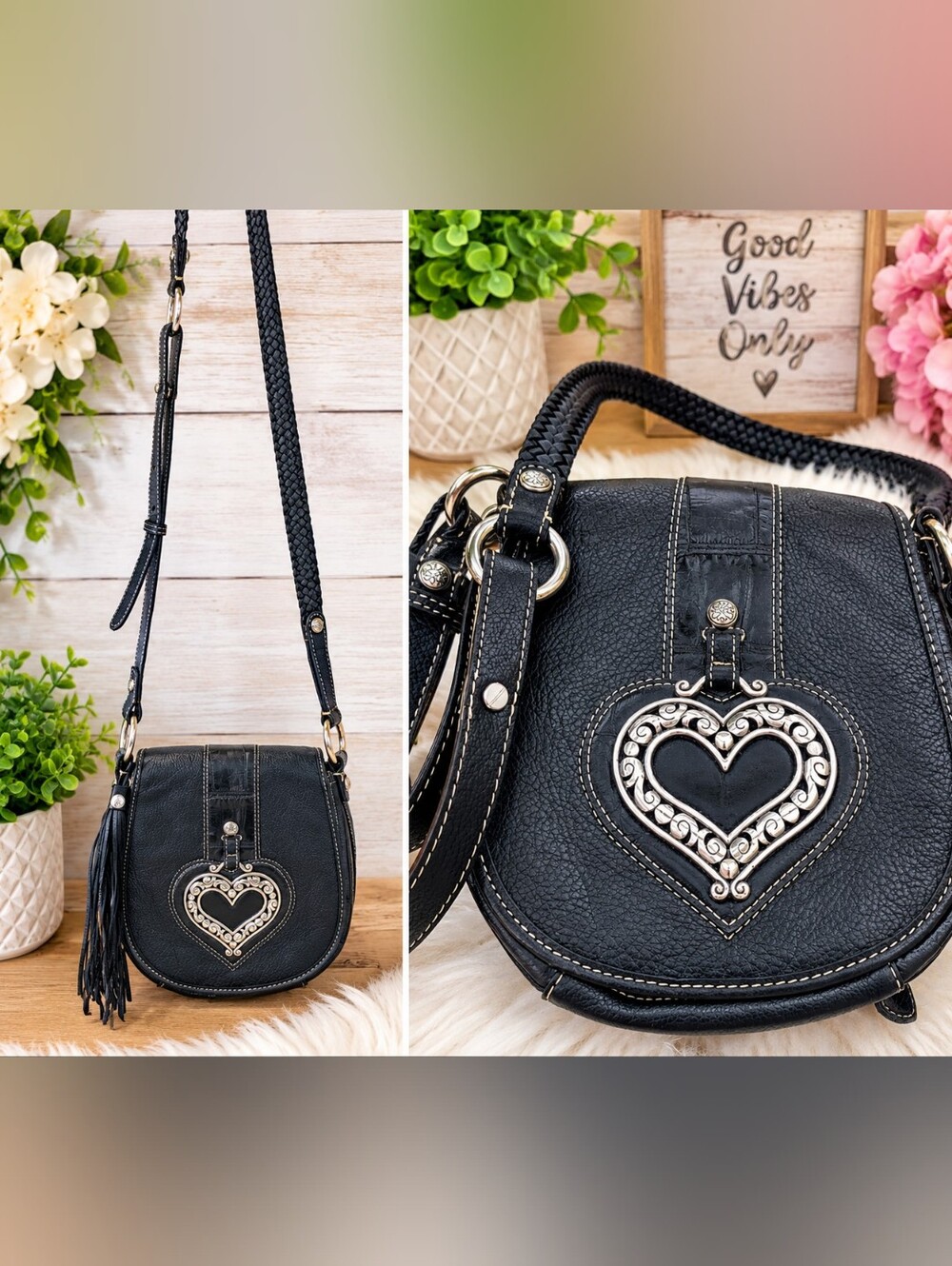 Brighton Vintage Black Leather Heart-Embellished Crossbody Bag